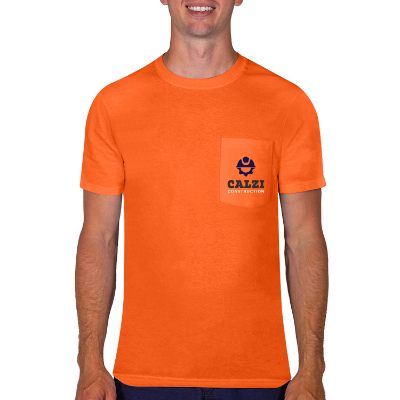 Safety orange customizable tee with full color logo.