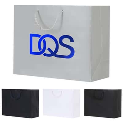 Paper silver matte recyclable eurotote bag with custom imprinting.