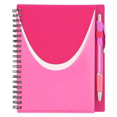 Pink notebook with matching pen and front pocket.
