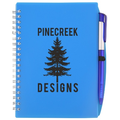 Logo on translucent blue unlined notebook with pen.