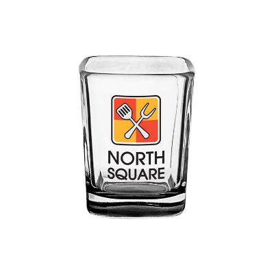 Black shot glass with full color logo.