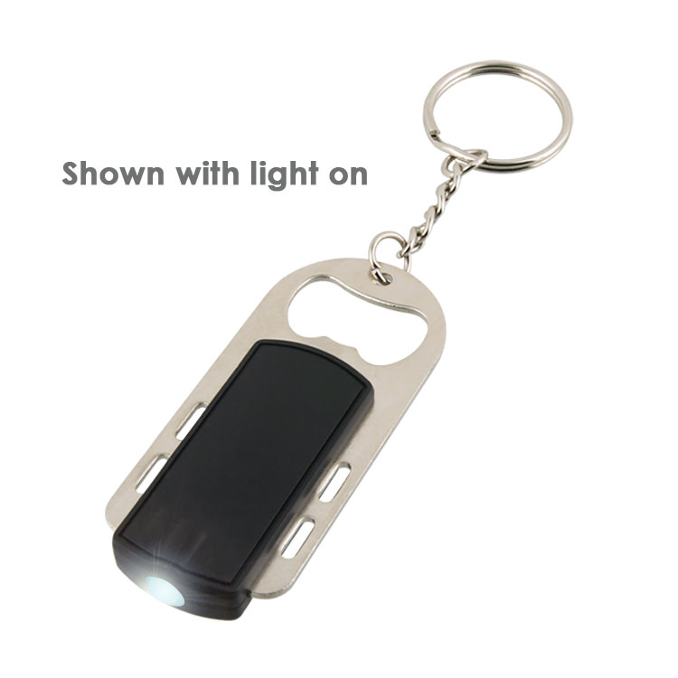 Plastic LED light keychain metal bottle opener.