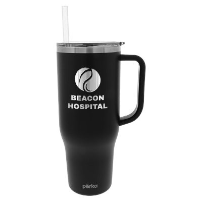Stainless steel travel mug with a custom engraved logo.