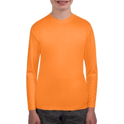 Blank youth long sleeve safety orange tee.
