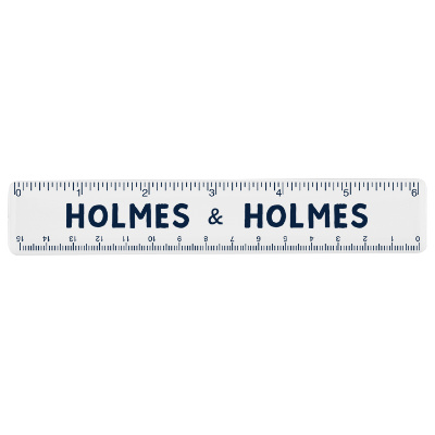 Plastic 6 inch translucent blue ruler with branding.