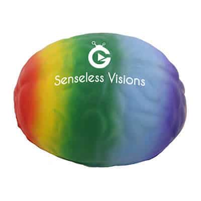 Foam rainbow brain stress ball printed with logo.