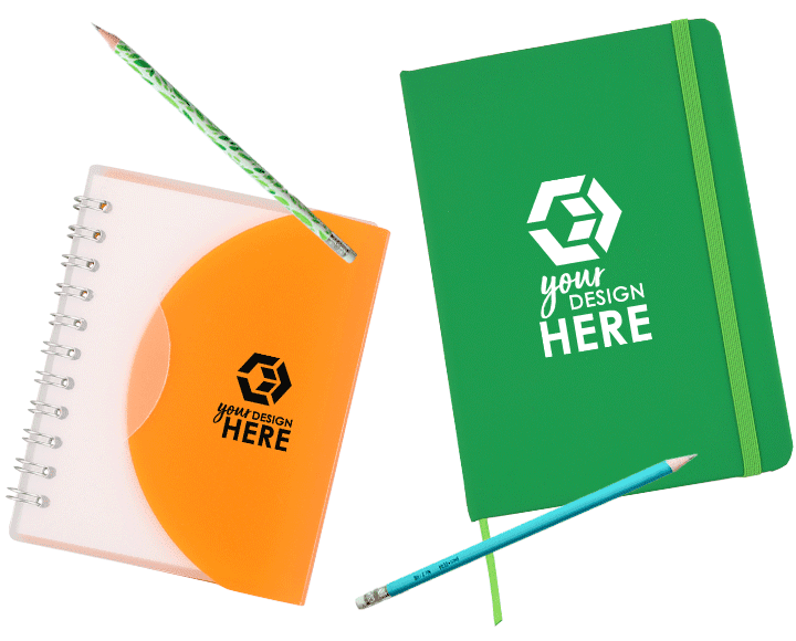 White and orange custom logo notebooks with black imprint and green promotional notebooks with white imprint