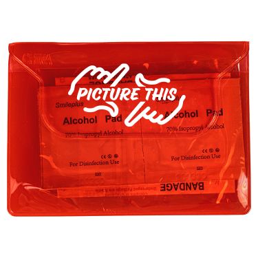 Plastic red first aid kit with a personalized imprint.