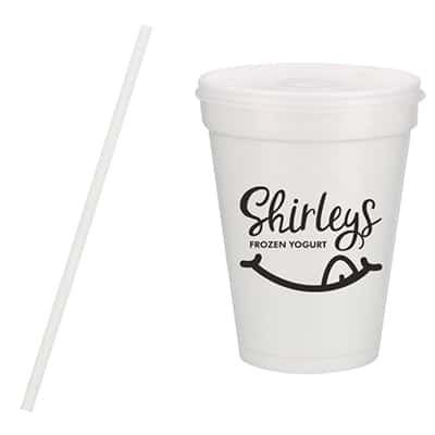 Styrofoam white foam cup with lid and straw and custom imprint in 14 ounces.