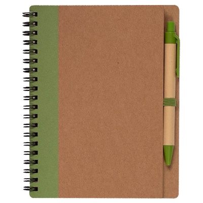 Green recycled cardboard notebook with pen.