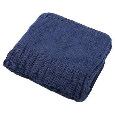 Navy blue crocheted knit blanket.
