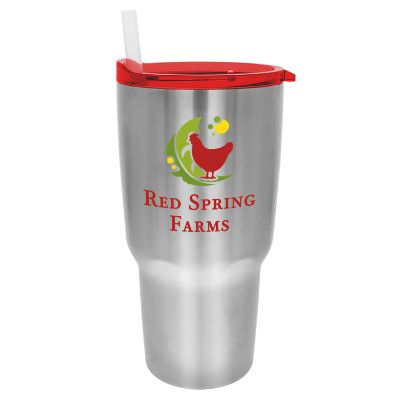 Stainless tumbler with red lid and full color logo.