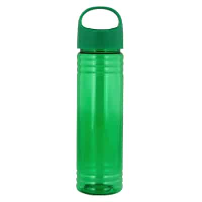 Plastic green water bottle with oval crest lid blank in 24 ounces.