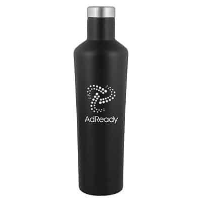 Stainless steel black water bottle with custom imprint in 18 ounces.