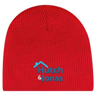Embroidered custom red beanie.