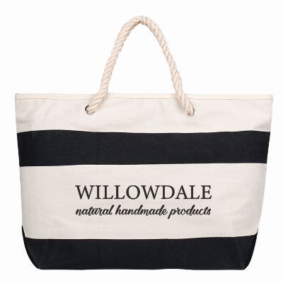 Cotton canvas black large tote with rope handles and logo.