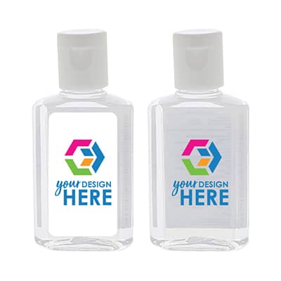 1 ounce clear plastic bottle hand sanitizer with a customized logo.