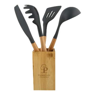 Natural bamboo and silicone utensil set with personalized printed logo.
