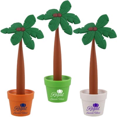 Plastic recycled green potted palm tree pen.