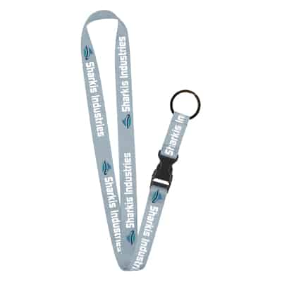 3/4 inch satin polyester full-color custom logo lanyard with black key ring and buckle release.