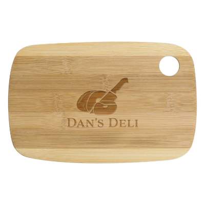 9-in. camden two-tone natural bamboo cutting board with laser engraved promotional logo.