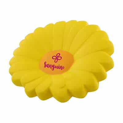 Foam daisy flower stress ball with a custom imprinted brand.