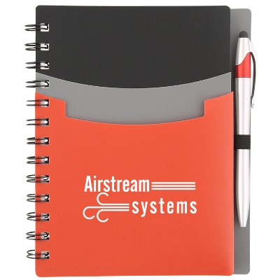 Custom imprint on red notebook with front pockets and stylus pen.