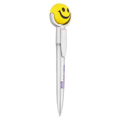 Foam and plastic smiley face stress reliever pen top.