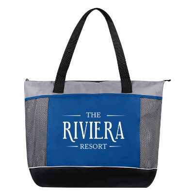 Polyester and nylon royal blue mega shopping cooler tote with logo.