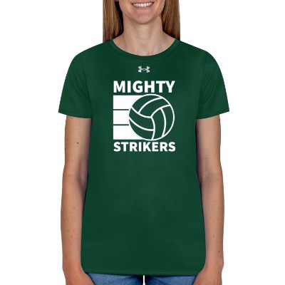 Custom imprint on forest green with metallic silver women's tee.