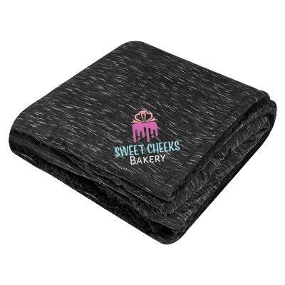Black heathered full colored sherpa blanket with custom logo