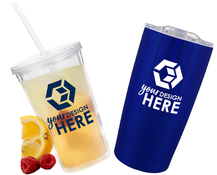 Clear plastic tumbler with blue imprint and blue stainless steel tumbler with white imprint