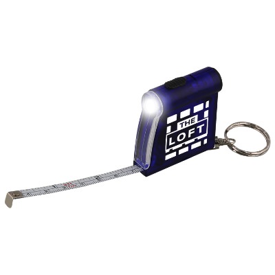 Metal and plastic translucent blue tape measure flashlight keychain with logo.