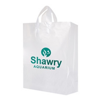 Plastic clear frosted large with handles foil stamped recyclable shopper with logo.