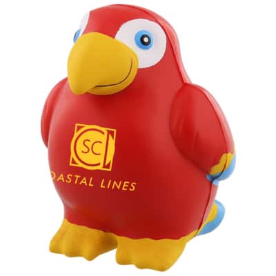 Foam tropical parrot stress ball printed with a branded logo.