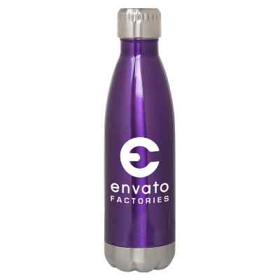 Stainless steel purple water bottle with custom logo in 16 ounces.