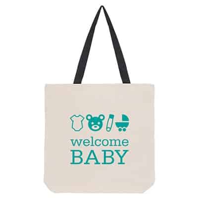 Natural cotton tote bag with navy handles, customized design and reinforced handles.