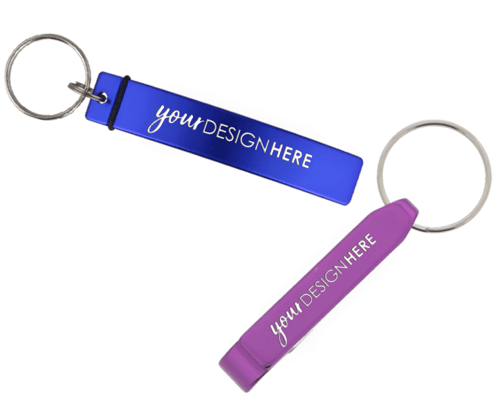 Custom engraved keychains blue bottle opener keychain with engraved imprint and purple bottle opener keychain with engraved imprint