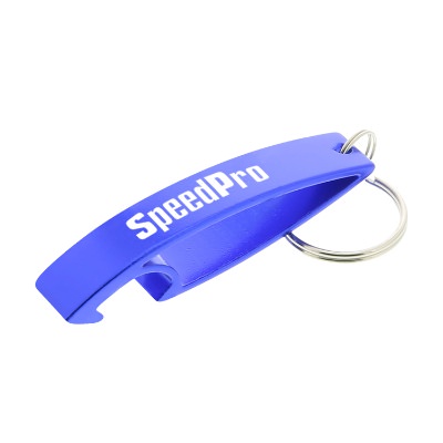 Metal silver contemporary bottle opener with customized promotional imprint.