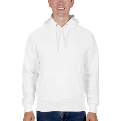 Blank white pullover hooded sweatshirt.