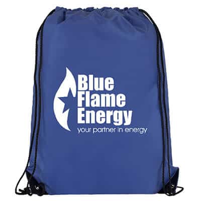 Polyester royal blue drawstring bag with custom imprint with reinforced corners.