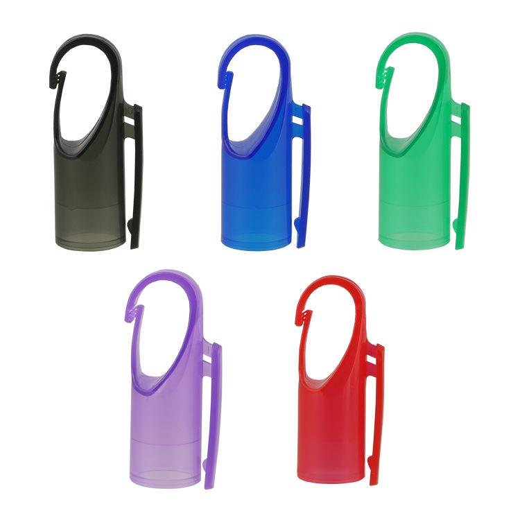 Plastic colored carabiner cap hand sanitizer.