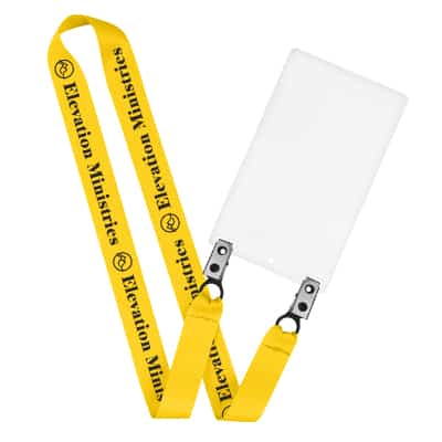 1 inch gold satin polyester custom lanyard with double bulldog clips and event holder.