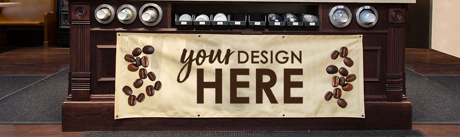 Tan cloth banners with brown imprint