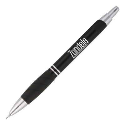 Black mechanical pencil with chrome accents and logo.