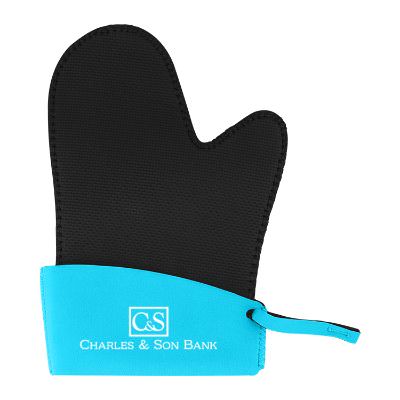 Blue neoprene oven mitt with promotional printed logo.