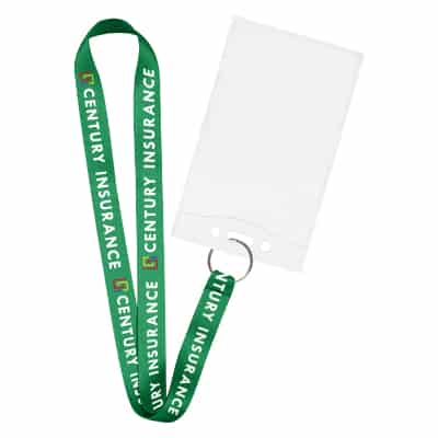 3/4 inch satin polyester lanyard with custom imprint, silver key ring and event ID holder.