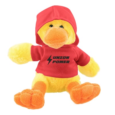 Plush and cotton duck with red hoodie with custom imprint.