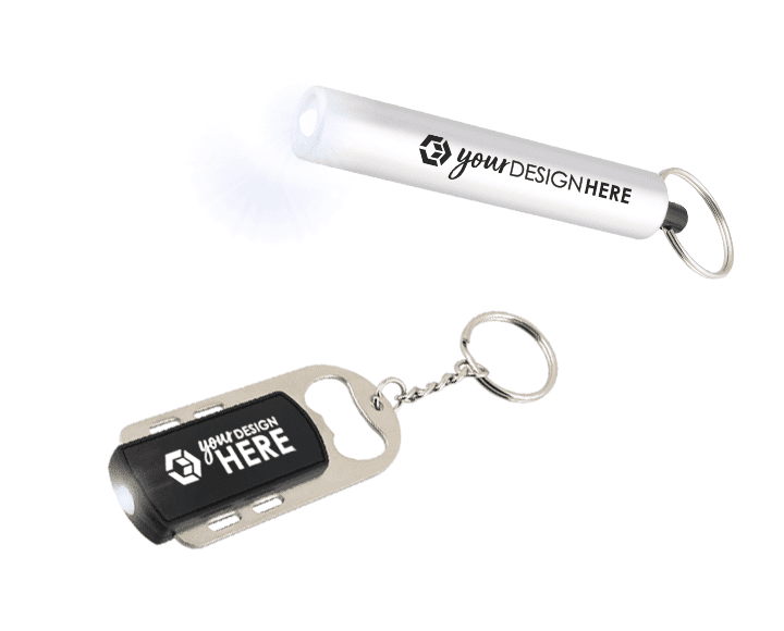 Black led keychain flashlight with white imprint and silver led keychain flashlight with black imprint