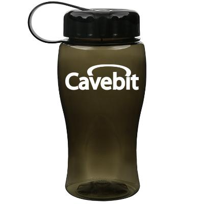 Poly-pure green water bottle with custom branding and tethered lid in 18 ounces.
